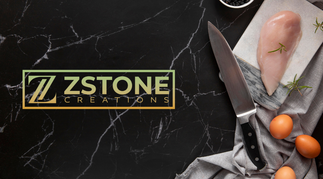 Soapstone uses - top-down view of soapstone countertop with food prep in the corner and the ZStone logo on the left hand side.