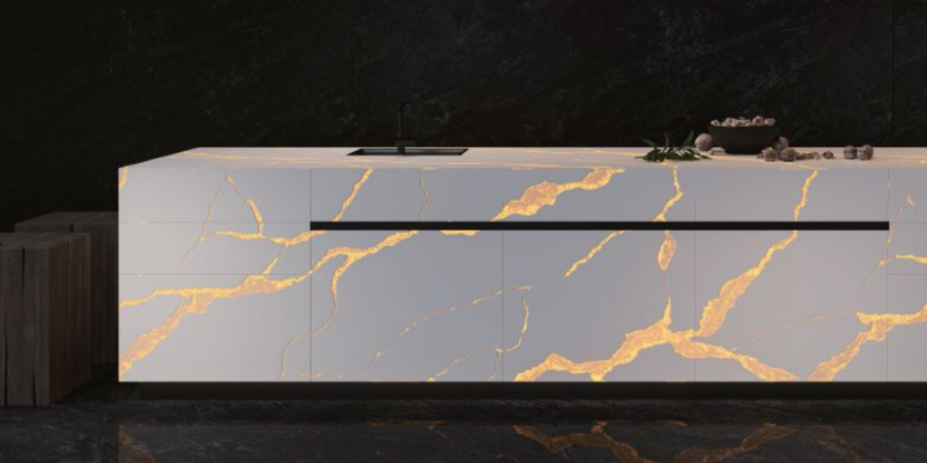 White Bar with glowing veining made possible by backlighting Calcite supreme, a stone, like onyx, that can be used for backlighting stone projects. 