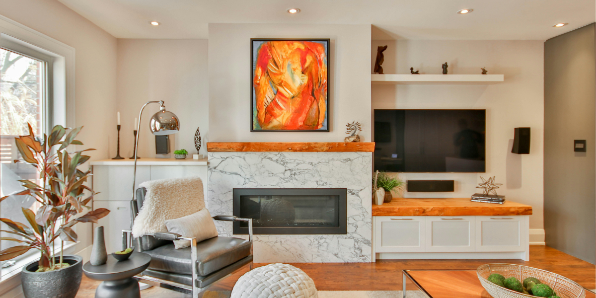 Marble fireplace in living room